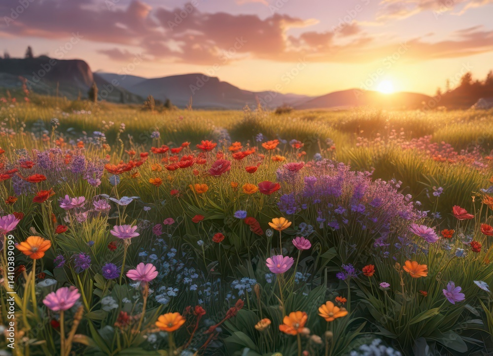 Fototapeta premium Vibrant wildflowers in a natural meadow at sunset, atmosphere, sunlight