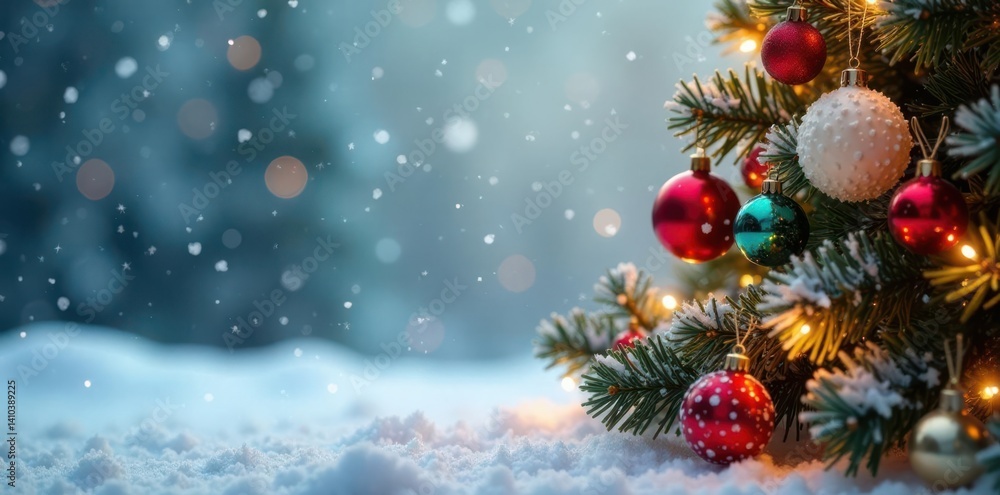 Vibrant Christmas tree set against a warm white snowy winter background with multicolored glass ornaments and twinkling string lights, colorful, illuminated Vibrant Christmas tree set against a warm white snowy winter background with multicolored glass ornaments and twinkling string lights, colorful, illuminated