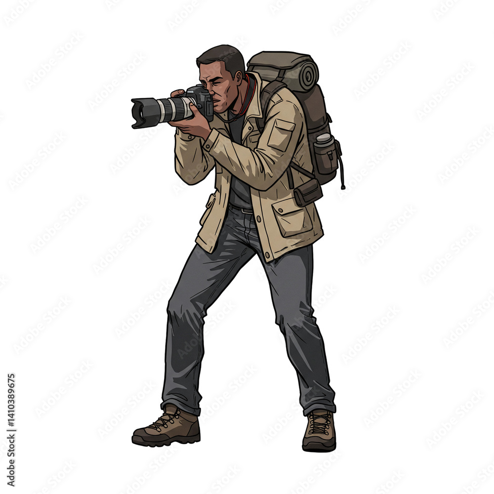 2D pen drawing of a full-body nature photographer holding a camera, wearing outdoor gear, isolated on transparent background. Hand-drawn style illustration for creative nature-themed designs