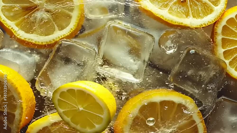 Fresh lemon slices and ice cubes submerged in sparkling water, creating a refreshing beverage scene