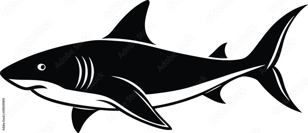 Fototapeta premium Blac shark silhouette of vector simple shark vector silhouette black color for animal element idea shark vector silhouette and Black shark image in white background