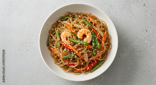 Delicious Japchae Noodles With Shrimp and Fresh Colorful Vegetables Display