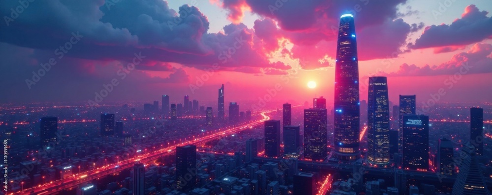 Fototapeta premium futuristic cityscape at dusk with sleek skyscrapers and neon lights, cityscape, city, sky