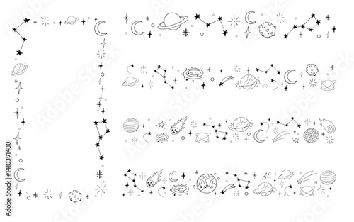 Celestial doodle border, falling star blink divider. Hand drawn ornament with stars, planets, meteorite and moon. Space magic simple decor.