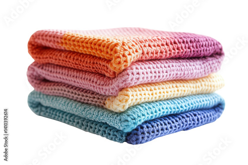 Soft pastel rainbow knit blankets stacked high cozy textures perfect for on transparent background