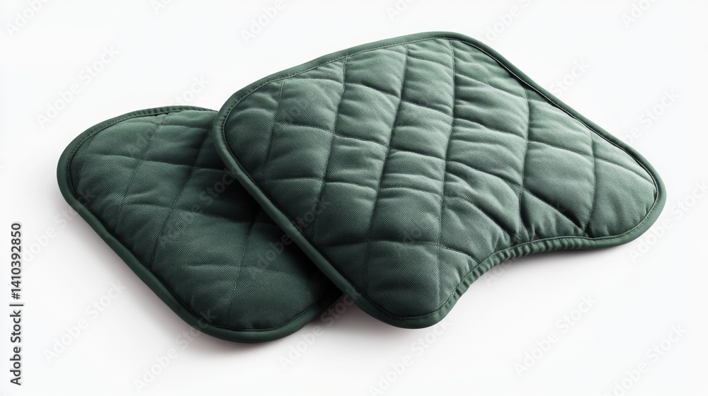 Stylish dark green oven mitts designed for safety and comfort in the kitchen. Perfect for handling hot cookware and protecting your hands. Generative AI