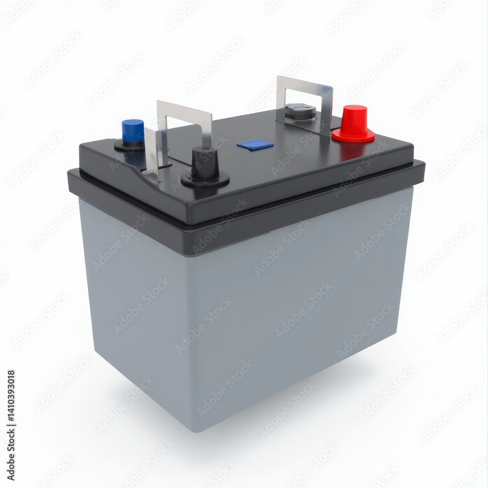 3D Car Battery with Bold Red and Blue Terminals Floating Above White Background 3D Car Battery with Bold Red and Blue Terminals Floating Above White Background