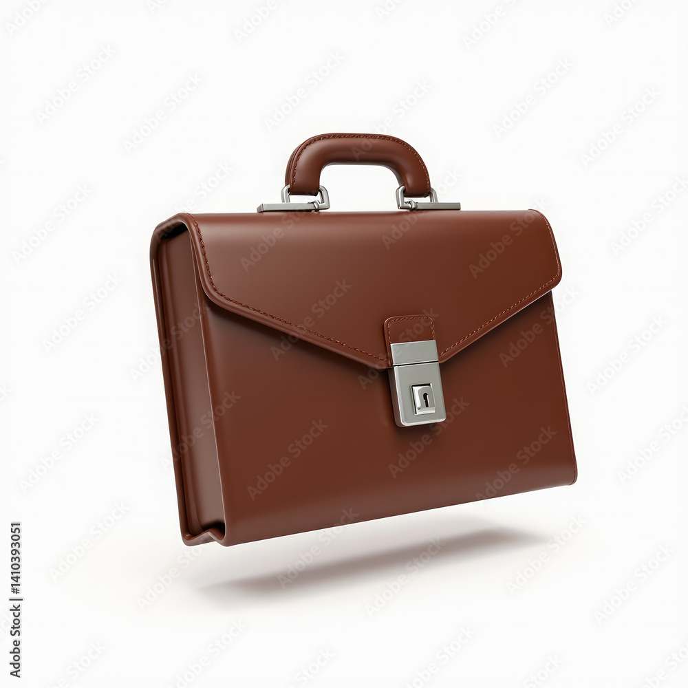 3D Brown Leather Business Briefcase with Silver Lock Floating Mid-Air Isolated on White Background 3D Brown Leather Business Briefcase with Silver Lock Floating Mid-Air Isolated on White Background