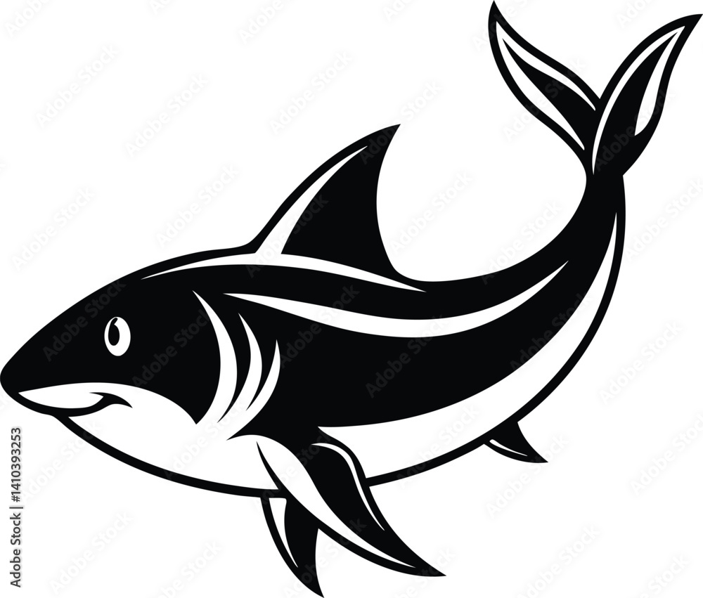 Obraz premium Blac shark silhouette of vector simple shark vector silhouette black color for animal element idea shark vector silhouette and Black shark image in white background