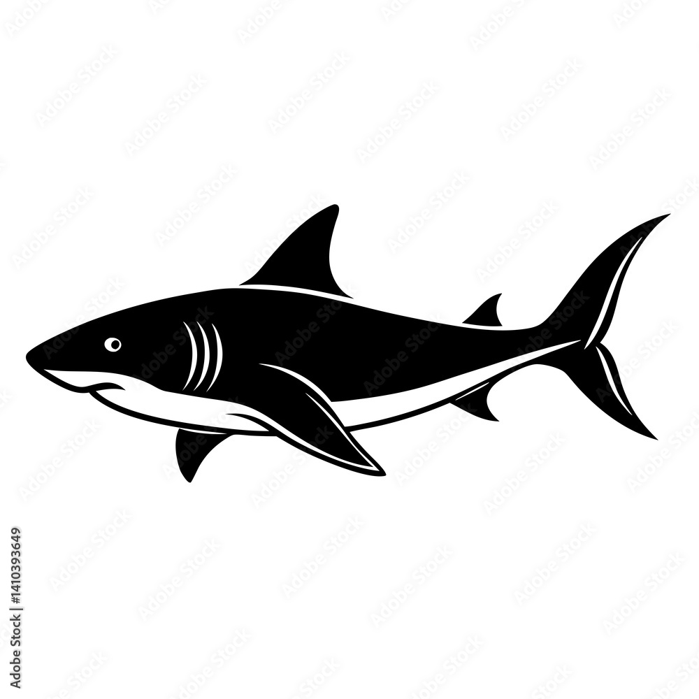 Fototapeta premium Blac shark silhouette of vector simple shark vector silhouette black color for animal element idea shark vector silhouette and Black shark image in white background