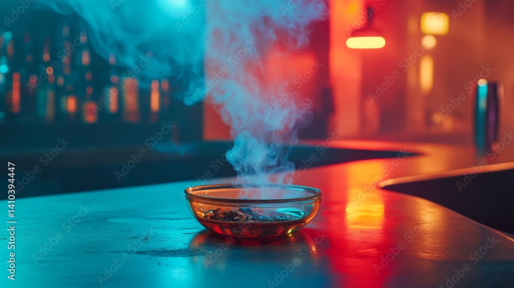 A stylish ashtray with smoke rising creates a moody atmosphere. The colorful lighting highlights the elegance of the setting and invites you to unwind. Generative AI