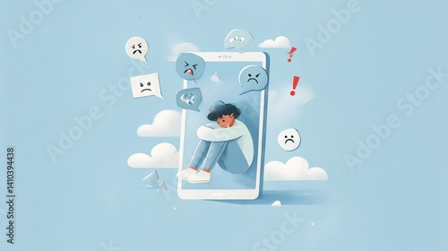 Young person feeling cyberbullying and depression from social media. Cyberbulling