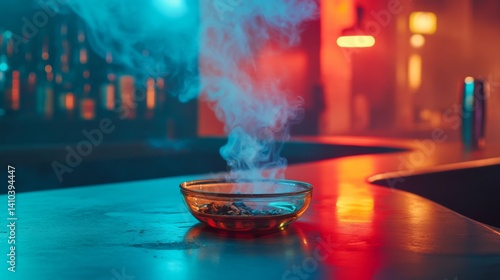 Obraz na płótnie A stylish ashtray with smoke rising creates a moody atmosphere. The colorful lighting highlights the elegance of the setting and invites you to unwind. Generative AI w salonie