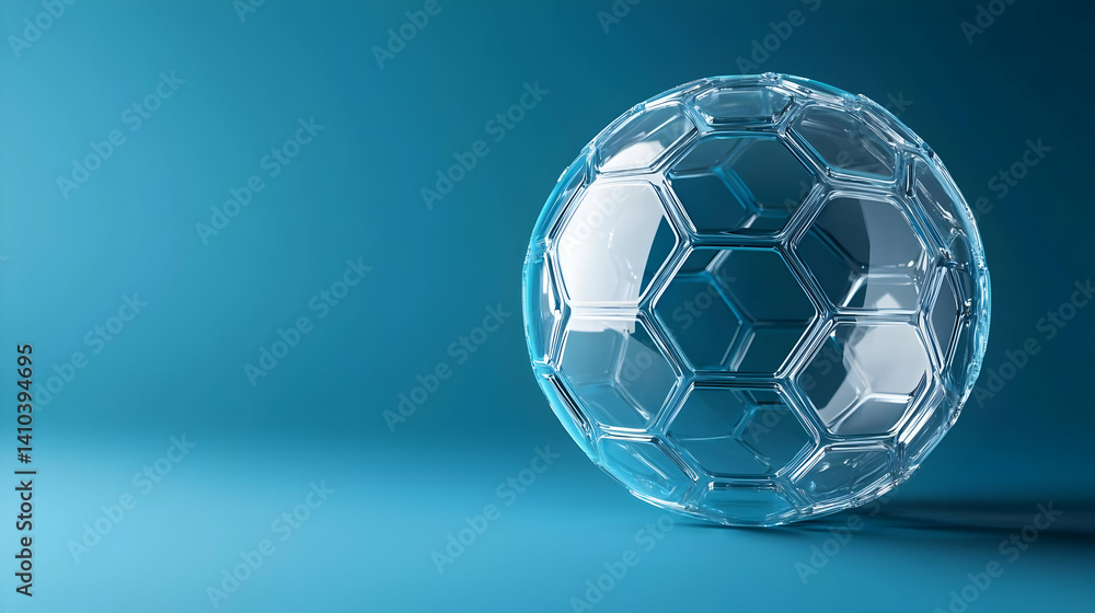 Naklejka premium Transparent Soccer Ball With Hexagonal Pattern On Blue Background