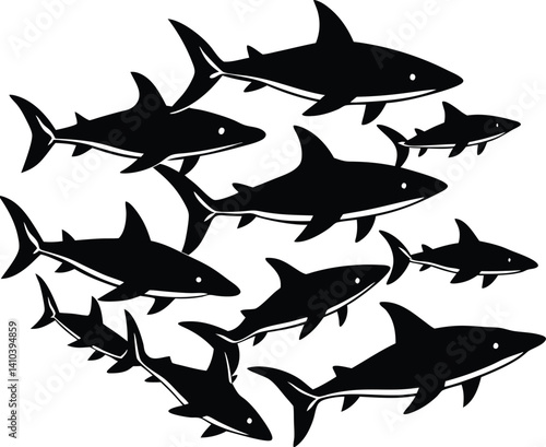 Set of shark and fin vector illustration isolated icons. Shark silhouette set vector design big pack of sea illustration and icon shark silhouette vector Bundle illustration Different kind of sharks