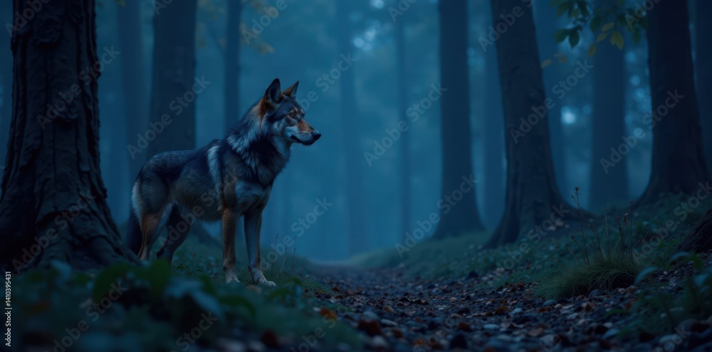 Fototapeta premium Lonesome wolf standing alone in the forest at night with its ears up, trees,