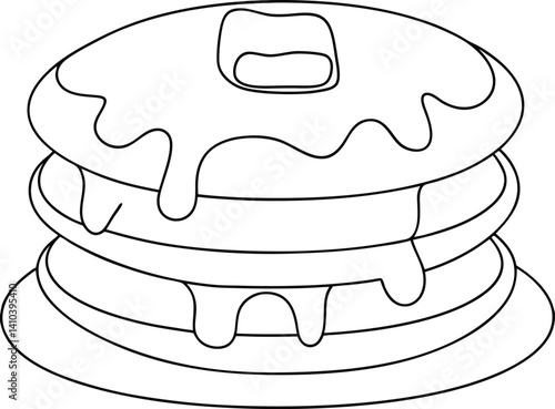  A stack of fluffy pancakes with syrup dripping down and butter on top for coloring book