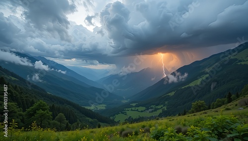 Spring thunderstorms, Mountain Valley in spring during an approaching thunderstorm