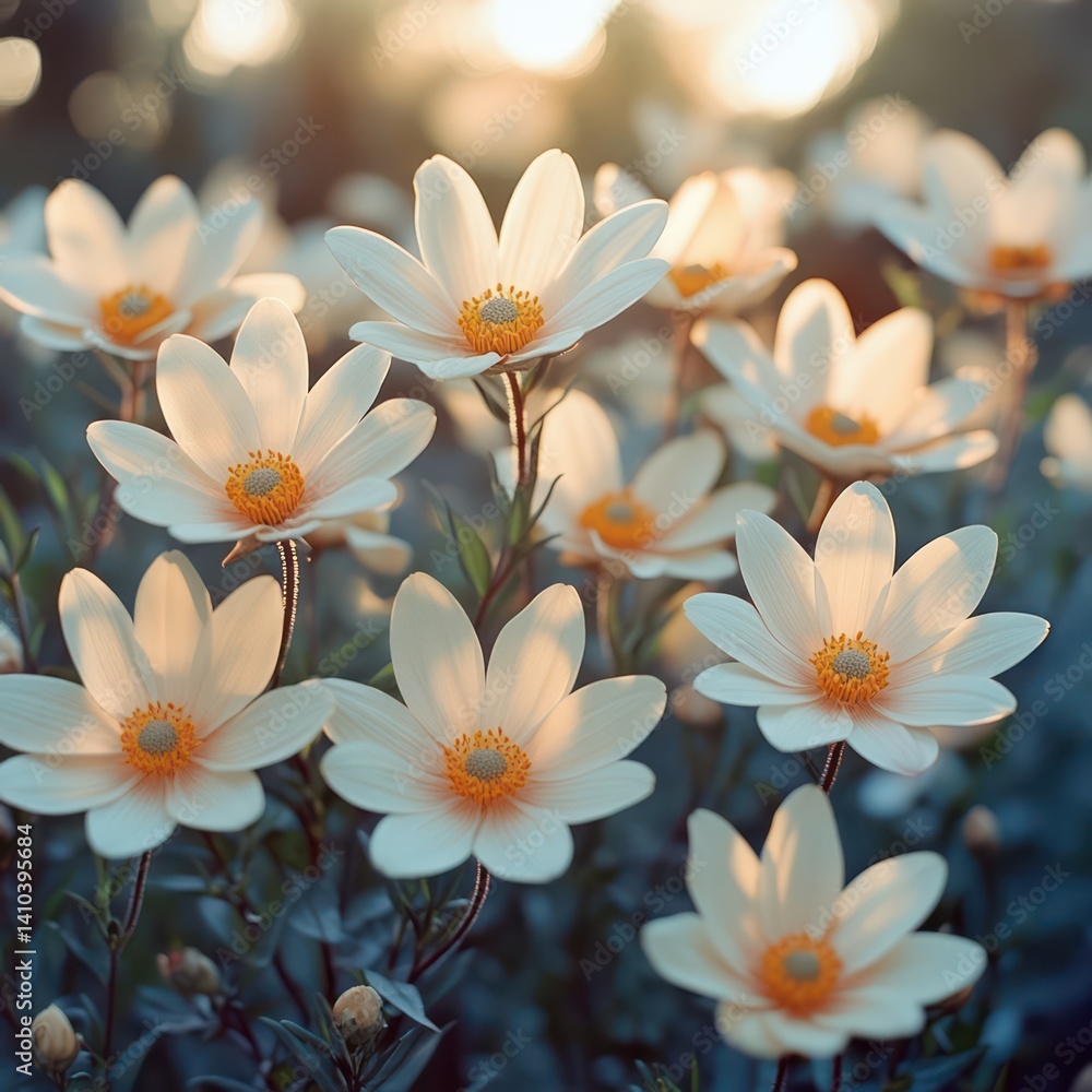 Group of white flowers with yellow centers, soft focus, outdoor setting.