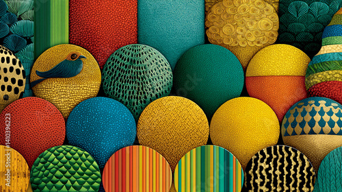 A vibrant composition of patterned circles in various colors, showcasing intricate designs and textures, creating a lively, artistic visual.