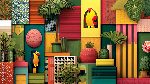 A vibrant collage featuring tropical plants, geometric patterns, and colorful elements, creating a lively and artistic atmosphere.