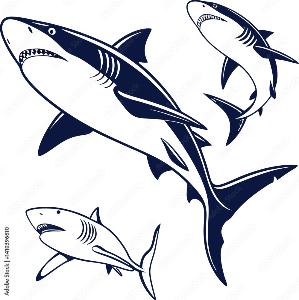 Fototapeta premium Set of shark and fin vector illustration isolated icons. Shark silhouette set vector design big pack of sea illustration and icon shark silhouette vector Bundle illustration Different kind of sharks