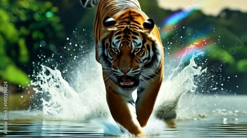 A tiger is running through a river with its mouth open, showing its teeth