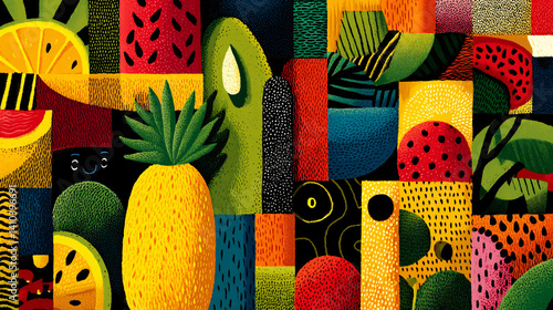 A vibrant, colorful collage of various fruits, featuring playful illustrations and geometric patterns, showcasing tropical and summer themes.