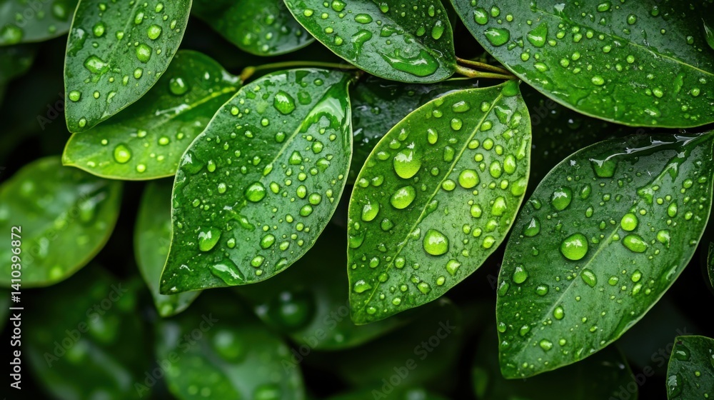 Fototapeta premium Fresh Green Leaves with Water Drops on Surface Capturing Nature's Beauty and Natural Refreshment