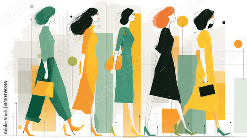 A vibrant illustration of stylish women walking in fashionable outfits, showcasing modern trends and a playful color palette.