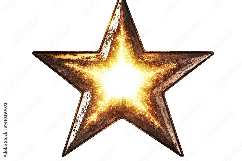 Fototapeta premium Glowing five-pointed star with a rustic, textured surface and a bright center on a white background