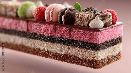A colorful dessert featuring layers of cake, cream, and various toppings, showcasing a delightful assortment of textures and flavors.