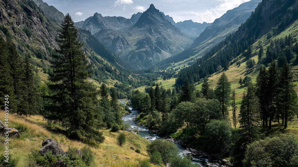 Naklejka premium A breathtaking mountain landscape featuring a lush valley, towering peaks, and a winding river surrounded by dense forests.