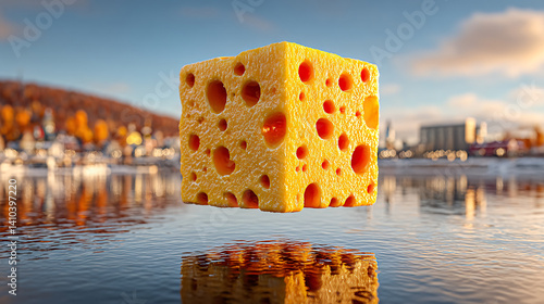 A floating cube of cheese hovers above a serene water surface, reflecting colorful autumn scenery in the background.
