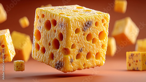 A vibrant floating cube of cheese with holes, surrounded by smaller cheese pieces against a warm background.