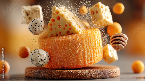 A vibrant assortment of cheese pieces and food elements, artistically arranged with a dynamic splash effect, showcasing texture and color.