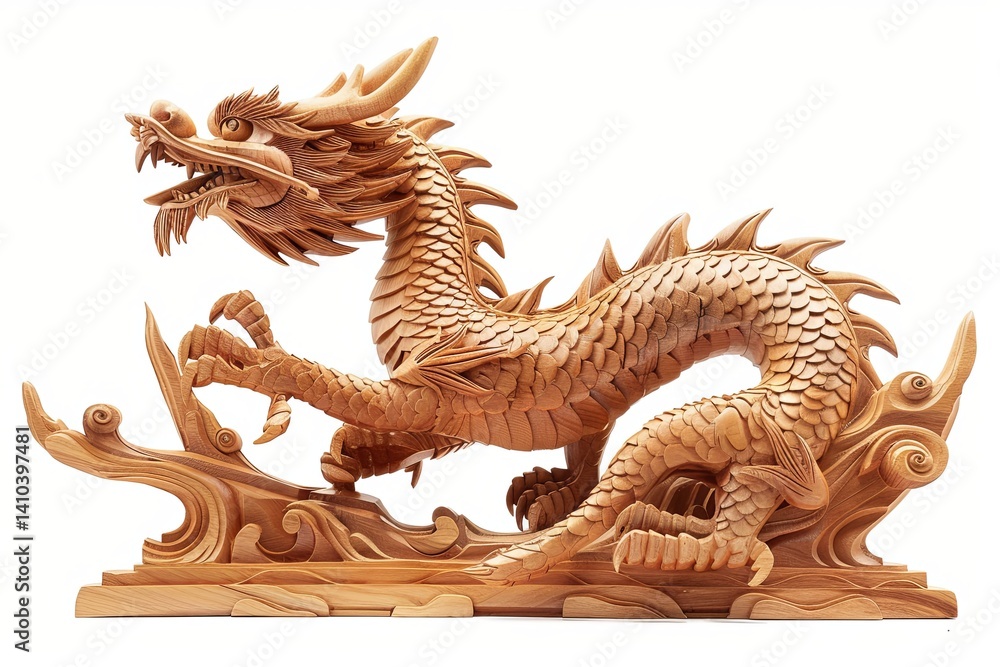 Fototapeta premium Intricate wooden dragon sculpture, detailed carvings on a stylized wave base. Rich texture