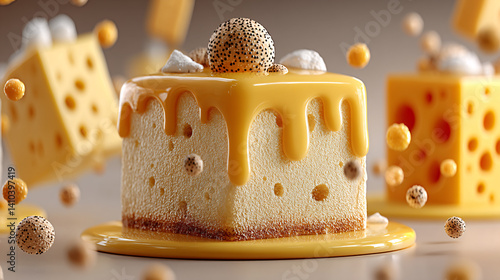 A vibrant, yellow-themed dessert with cheese elements, featuring a cake topped with creamy glaze and playful floating decorations.
