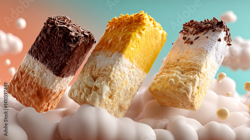 Three colorful ice cream bars topped with chocolate shavings, set against a dreamy, cloud-like background.