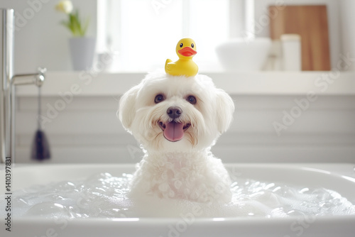 Adorable white dog taking a bath with a rubber duck on its head. The dog is sitting in a bathtub full of bubbles, looking happy and playful. photo