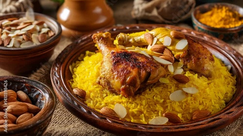 Traditional Arab Food - Chicken Kabsa with Turmeric Rice and Almonds, Served Warm on a Wooden Plate, Desert
