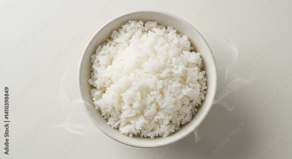 Steaming White Rice In Bowl Freshly Cooked With Grains On Plain Background Steaming White Rice In Bowl Freshly Cooked With Grains On Plain Background