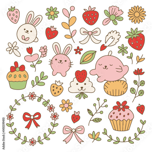 Cute hand-drawn bunny, strawberry, cupcake, and floral doodles in pastel colors. Perfect for kids' stickers, greeting cards, scrapbooking, and decorative projects.