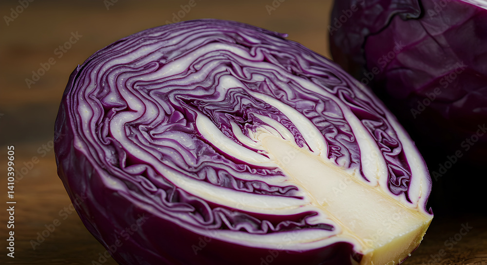 Fototapeta premium Sliced Red Cabbage Revealing Its Intricate Layers on Wooden Board