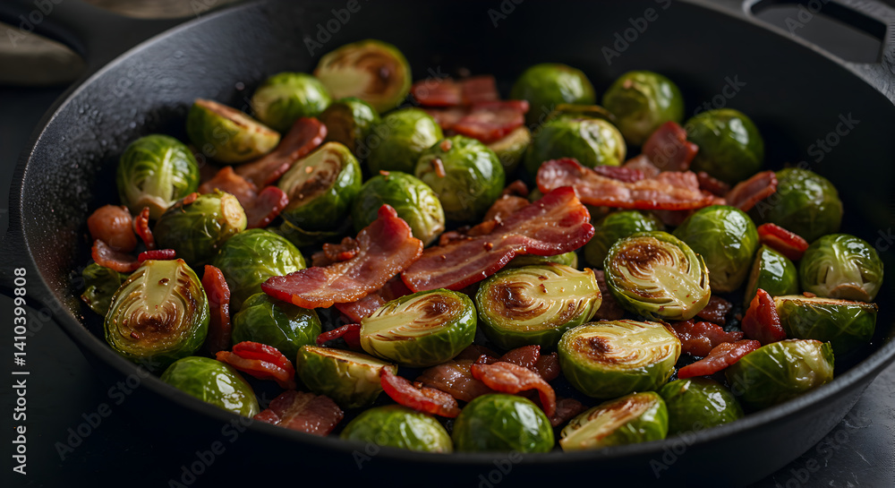 Roasted Brussels Sprouts With Crispy Bacon In A Cast Iron Skillet Roasted Brussels Sprouts With Crispy Bacon In A Cast Iron Skillet