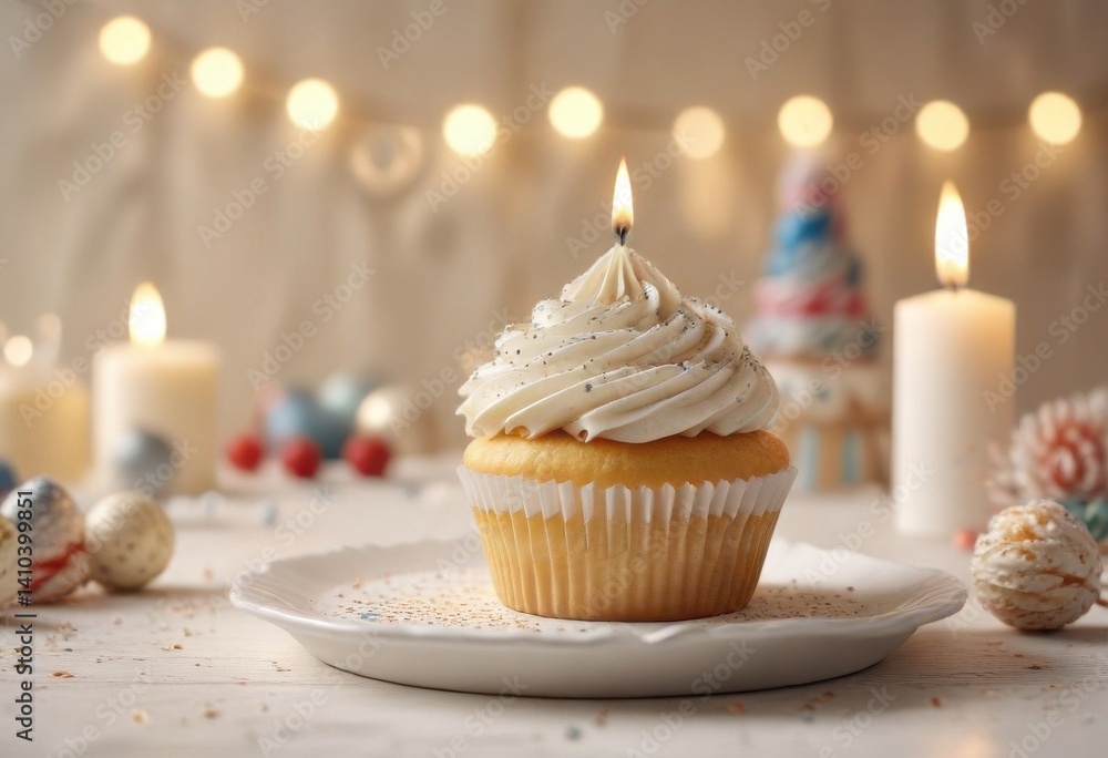 Vanilla cupcake with cream frosting on a light-colored table, surrounded by birthday decorations, party, food, table Vanilla cupcake with cream frosting on a light-colored table, surrounded by birthday decorations, party, food, table