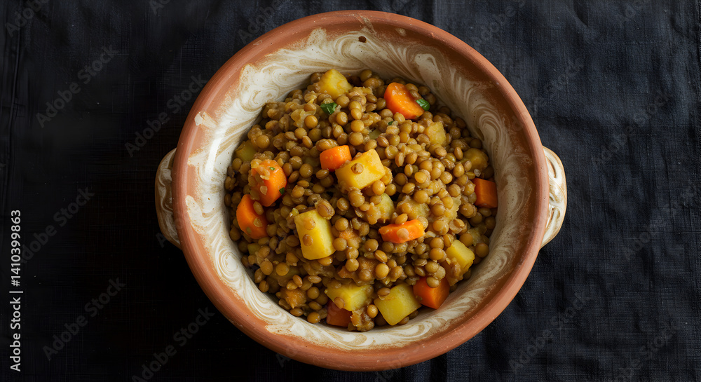 Hearty Lentil Stew With Vegetables in A Rustic Bowl On Dark Surface Hearty Lentil Stew With Vegetables in A Rustic Bowl On Dark Surface