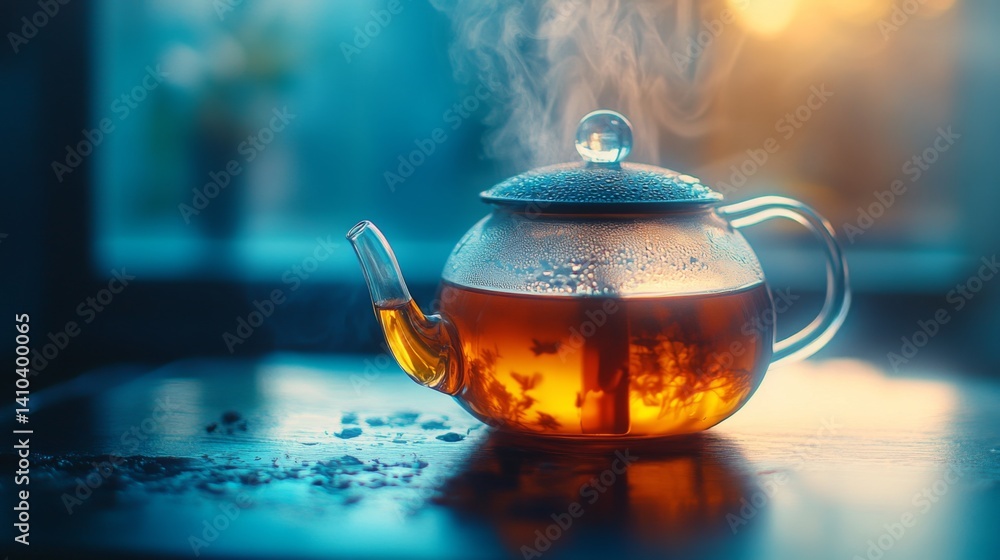 A hot glass teapot pours warm tea with steam rising gently. The cozy ambiance captures a moment of tranquility and indulgence. Perfect for relaxation and enjoyment. Generative AI