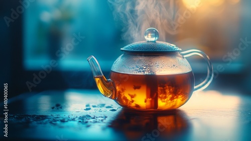Obraz na płótnie A hot glass teapot pours warm tea with steam rising gently. The cozy ambiance captures a moment of tranquility and indulgence. Perfect for relaxation and enjoyment. Generative AI w salonie
