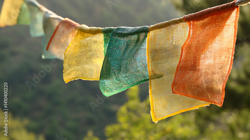 Colorful prayer flags hanging in a natural setting with trees in the background at sunny day
